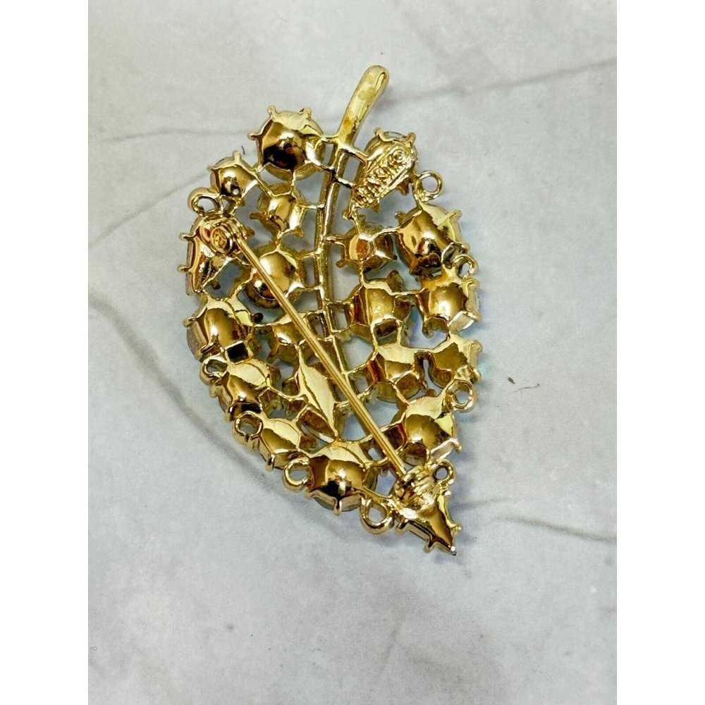 Vintage Lisnore Blue AB Iridescent Leaf Brooch Gold Rhodium Signed - Picture 6 of 8